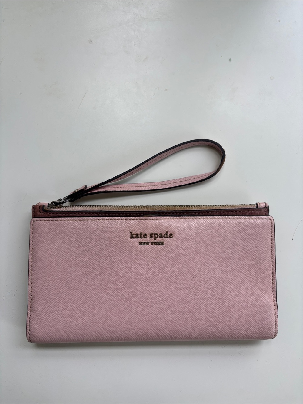kate spade Pink Leather Wristlet Clutch with Brown Trim